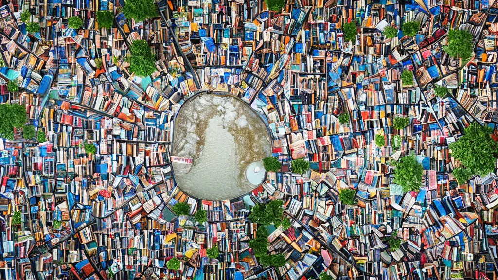 Prompt: professional photograph of a river with books inside of it, aerial view, detailed, dramatic lighting