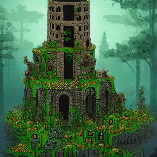 Prompt: ruined tower covered in creepers, beautiful, intricate, detailed, digital art