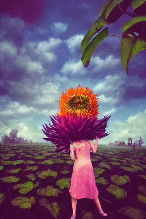 Prompt: closeup, girl with giant flower head, between monsteras, surreal photography, wind and cold, dramatic sky, impressionist painting, digital painting, artstation, simon stalenhag