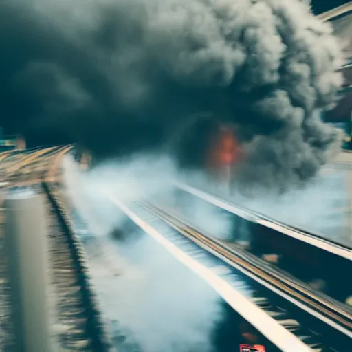 Image similar to train with steam locomotive leaving the station, dramatic cinematic angle and lighting, low key slow shutter