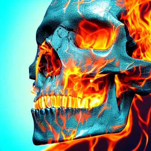 Image similar to a highly detailed human skull covered with intricate designs with fire for eyes on fire in front of a neon blue background, 3 d, colorful, octane render, symmetrical, hyper realism, highly detailed, digital art, artstation, concept art, cinematic lighting, strong bokeh, trending