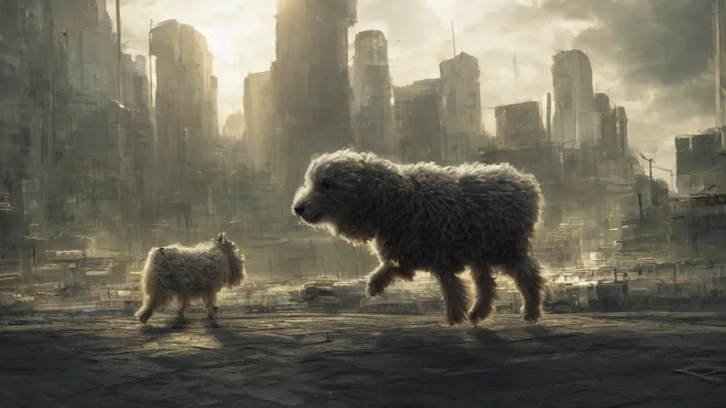 Prompt: Amazing photorealistic digital concept art of a guardian robot resembling a sheepdog in a futurstic city, by James Clyne and Joseph Cross. Cinematic. LED lighting. A bright billowing explosion in the distance. Wide angle. Clean lines.