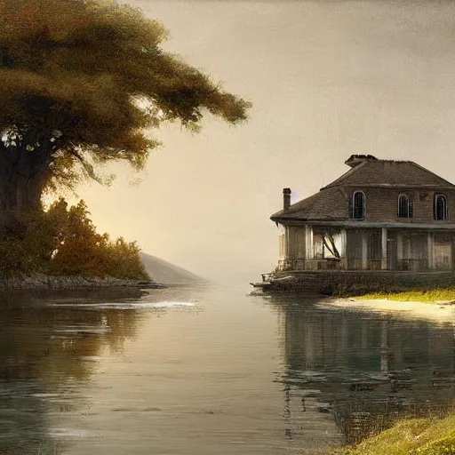 Image similar to a house by the lake painted by greg rutkowski