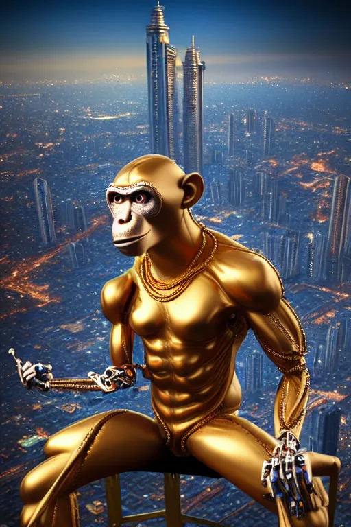 Image similar to high quality 3 d render ultra realistic mischievous cyborg muscular man monkey blue hybrid sitting, gold madhubani, highly detailed, cyberpunk!! mumbai in the background, unreal engine cinematic smooth, szukalski, moody light, low angle, uhd 8 k, sharp focus