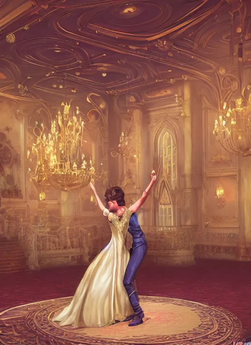 Prompt: highly detailed digital illustration of a newly married prince and princess dancing in the grand ballroom of a fantasy castle by mandy jurgens | fantasy art, cryengine, concept art, photorealism, daz 3 d, sketchfab, zbrush, vray, rule of thirds, golden ratio