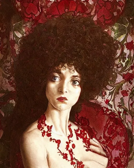 Image similar to a beautiful but sinister woman in layers of fear, with haunted eyes and curly hair, 1 9 7 0 s, seventies, floral wallpaper, delicate embellishments, a little blood, crimson, painterly, offset printing technique, by william russell flint