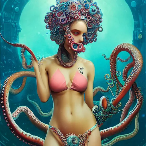 Image similar to lofi underwater victorian biopunk bikini portrait, octopus, Pixar style, by Tristan Eaton Stanley Artgerm and Tom Bagshaw.