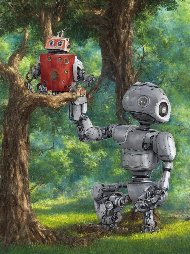 Prompt: award winning hyper-realistic portrait painting of a rustic robot sitting under a tree, film still in the style of Studio Ghibli, by Hayao Miyazaki, high quality, detailed, 8k, amazing, single robot