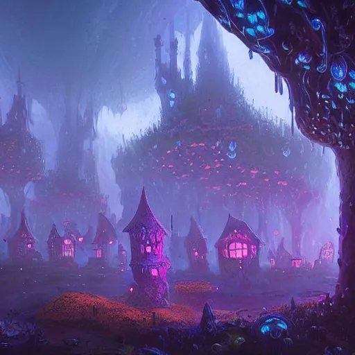 Image similar to concept art detailed painting of a dark purple fantasy fairytale fungal town made of mushrooms, with glowing blue lights, in the style of jordan grimmer and neil blevins and wayne barlowe