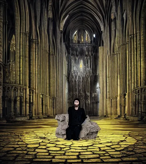 Image similar to a tall pale humanoid being sitting upon an ornate stone throne, 4K, digital art, horror, dramatic, wearing a long yellow rotting garment, dark, hyperrealistic, perspective, complex black church background with volumetric lights coming in through cathedral windows,