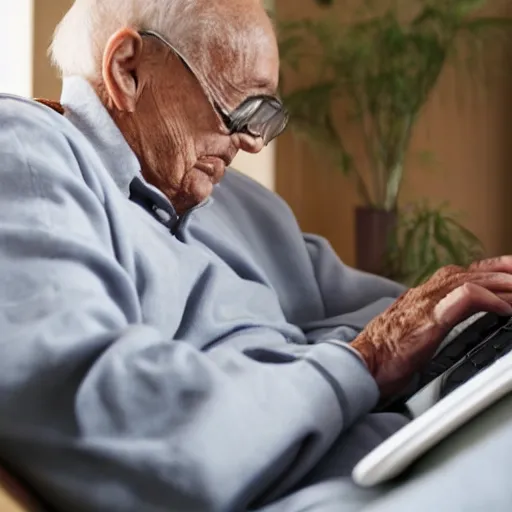 Image similar to elderly man inside a casket browsing internet on laptop from a casket casket