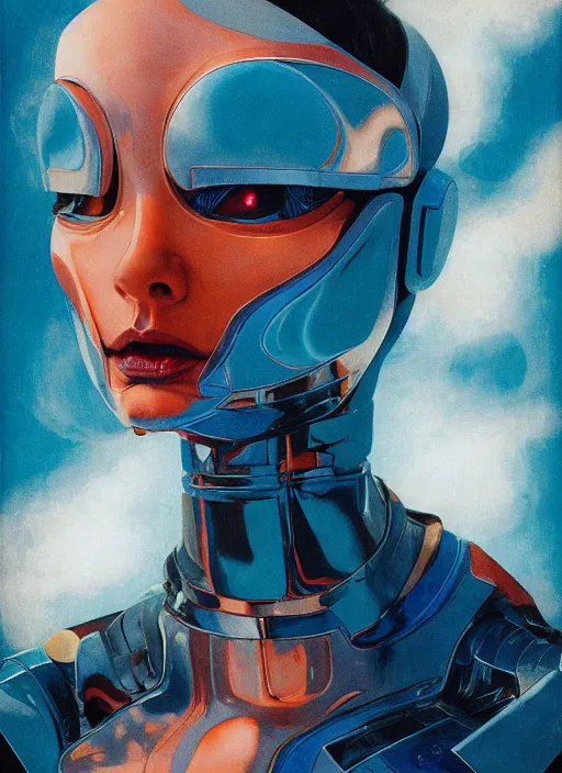 Image similar to ( ( symmetry ) ) closeup portrait of a chrome stunning cyborg girl crying tears, racer jumpsuit with shoulder pads, strong cinematic light, teal orange, viscous volumetric smoke, mist, by gerald brom, by mikhail vrubel, by peter elson, muted colors, extreme detail, trending on artstation, 8 k