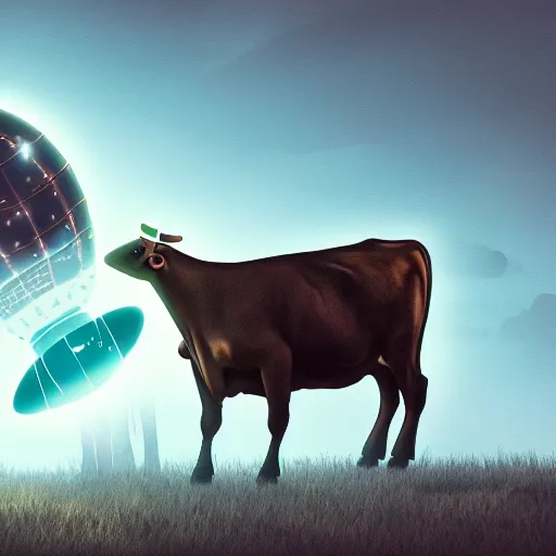 Prompt: an ufo picking up a cow with light beam, highly detailed, digital art, 8k, trending on artstation