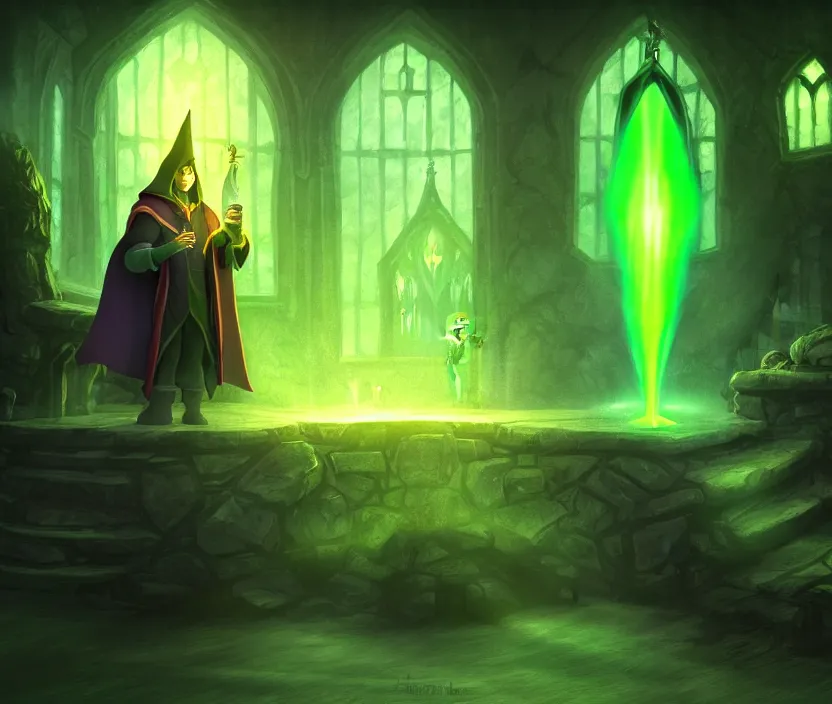 Image similar to a concept art of a wizard in his castle discovering a magic scroll that gives eternal life, atmospheric magic dark scene with green fires in the lights, a big door in the background