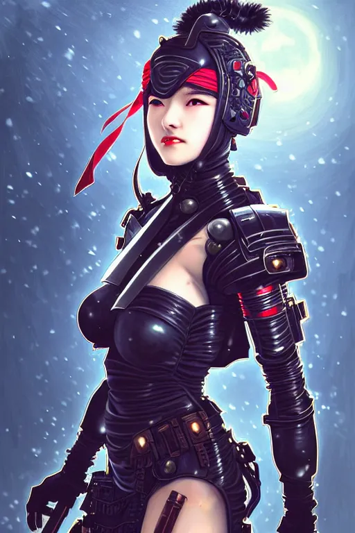Image similar to portrait ninja gaiden girl, armored dieselpunk wardrobe, at snowy fuji mountain moonlight, ssci - fi and fantasy, intricate and very beautiful and elegant, highly detailed, digital painting, artstation, concept art, smooth and sharp focus, ( ( illustration, art by tian zi and wlop and alphonse mucha ) )