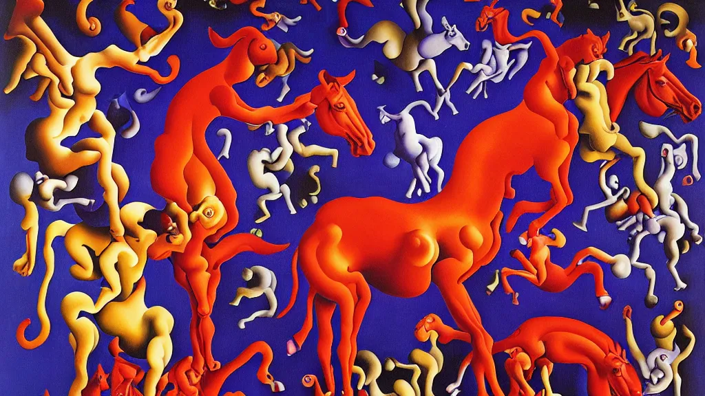 Image similar to red bodied devils and blue horses, purple monkeys | pain, pleasure, suffering, adventure, love, life, afterlife, souls in joy and agony | abstract oil painting, gouche on paper by MC Escher and Salvador Dali and raqib shaw |