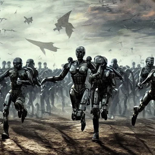 Image similar to an army of androids running towards the last human sanctuary on earth, apocalyptic, highly detailed, grungy, end of days, photorealistic, battle nots, the end