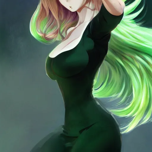 Prompt: tatsumaki from one punch man, green wavy hair, black dress, fine details, sharp focus, intricate, by cushart krenz, by makoto shinkai, by wlop, by artgerm