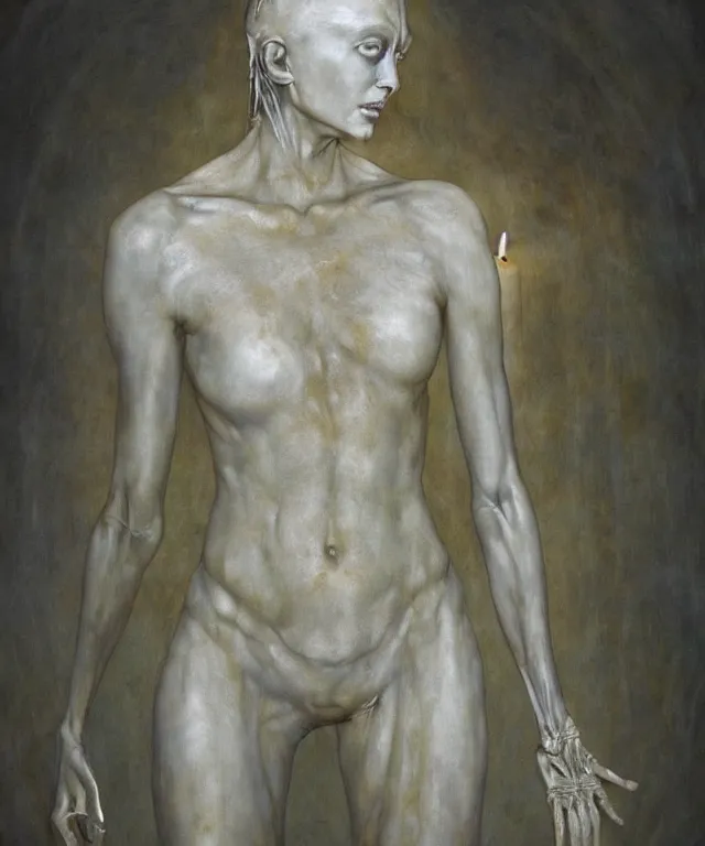 Image similar to Beautiful full-body wax sculpture of glowing transparent woman with visible bones covered with melted white candle wax inside the singularity where stars becoming baroque folds of dark matter by Michelangelo da Caravaggio, Nicola Samori, William Blake, Alex Grey and Beksinski, dramatic volumetric lighting, highly detailed oil painting, 8k, masterpiece