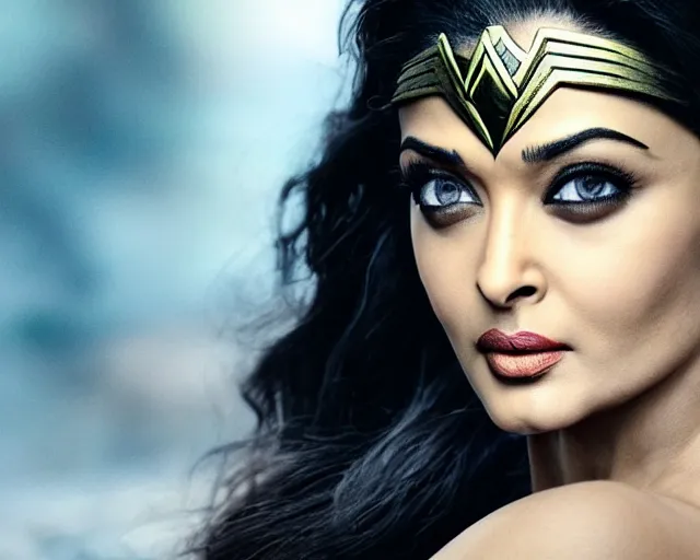 Prompt: a photo of aishwarya rai as a wonder woman, hyper realistic face, beautiful eyes, cinematic, long shot, hyper detailed, 8 5 mm photograph, 8 k resolution, film still, sharp lens, wide lens