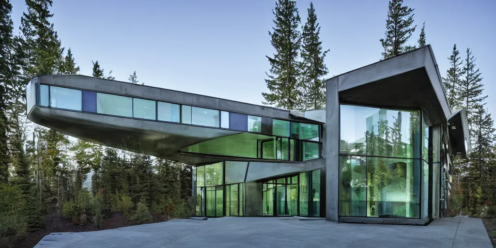 Prompt: large futuristic residence in Washington state, large windows, rectangular elements, concrete, blue and green metal