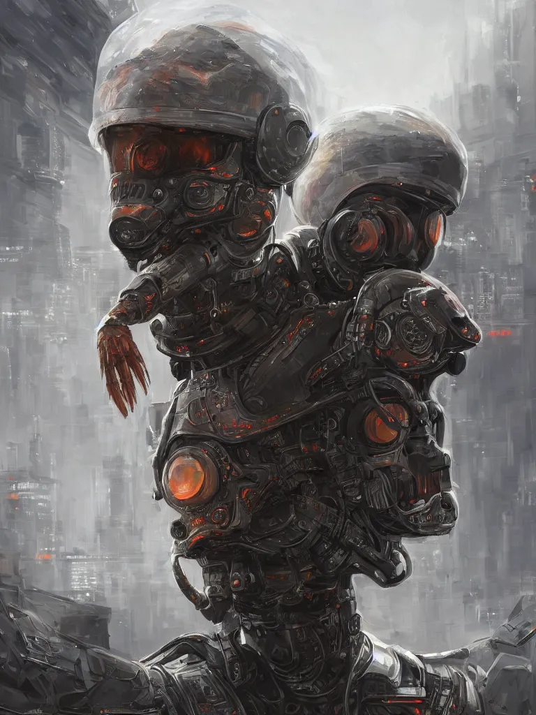Prompt: ultra realist and ultra intricate detailed soft painting of a shrimp, from the waist up, sci-fi helmet, symmetry features, sensual gloomy style, volumetric clouds, cyberpunk burning building background, artstation, unreal render, depth of field