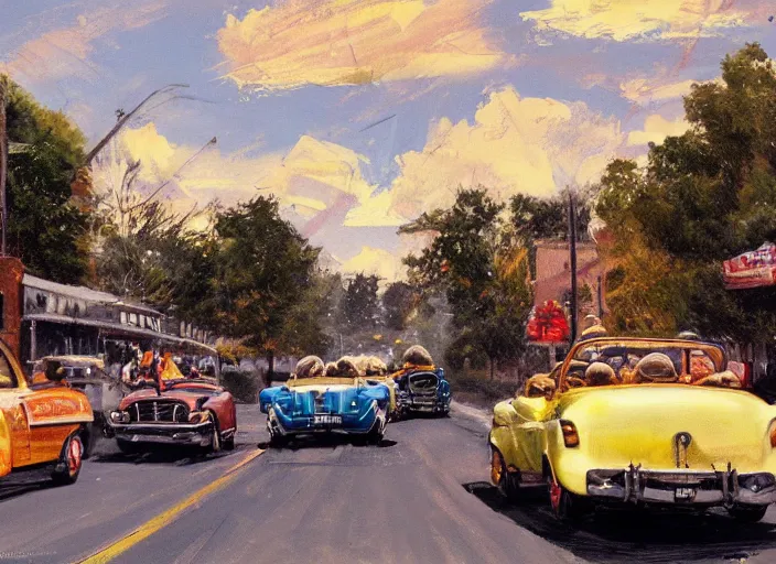 Prompt: concept art small rural town in middle america 1950s hotrods driving down a street , vintage, high detail, golden hour, 8K, by John Berkey