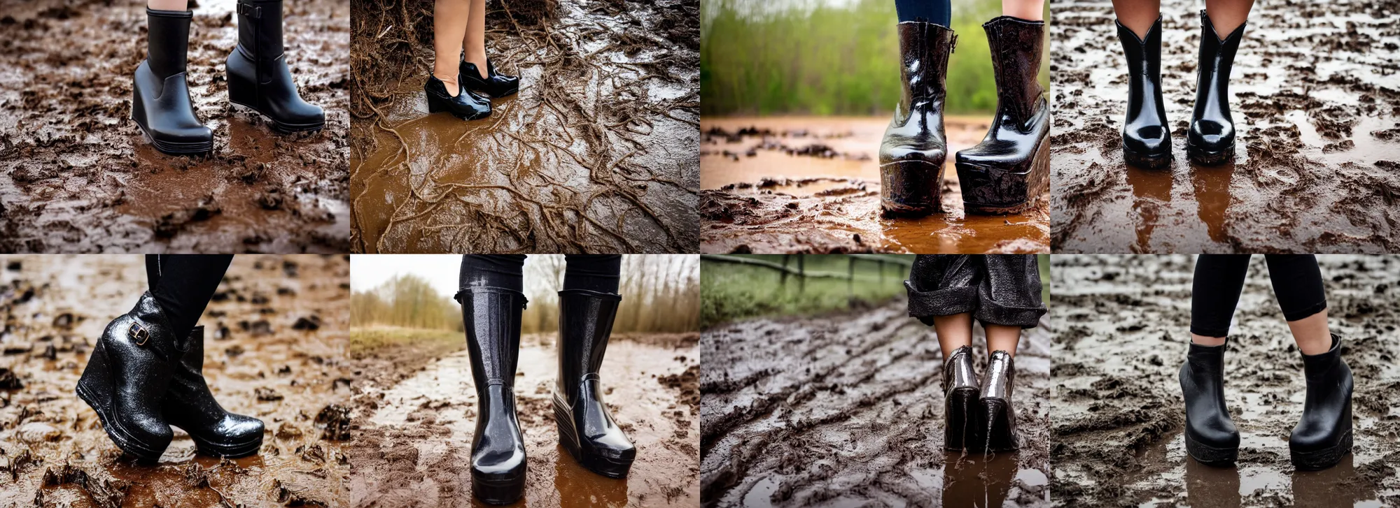 Prompt: a photo of a woman walks trough muddy nature in her shiny black platform boots, wedge heel, chunky , close up of her feet and legs, 8k