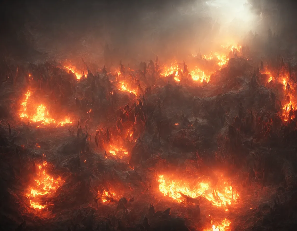 Image similar to tormented souls try to escape from burning hell. artstation. highly detailed painting. realistic. cinematic. volumetric lighting.