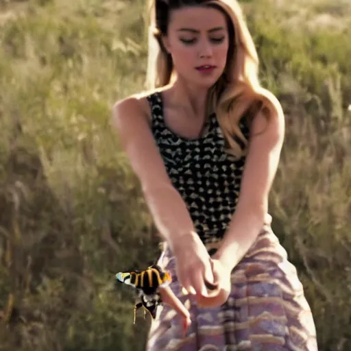 Image similar to ' amber heard'stepping on a bee, cinematic scene, clean composition, 8 mm