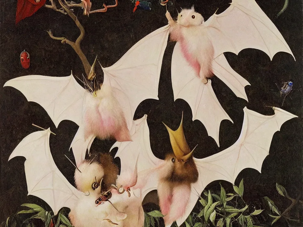 Prompt: beautiful exotic white fluffy bat, long antennae, pink eye. Painting by Jan van Eyck, Bosch, Audubon, Rene Magritte, Agnes Pelton, Max Ernst, Walton Ford