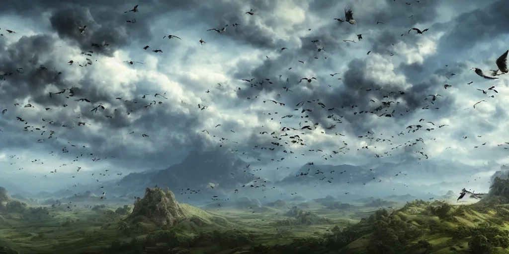 Prompt: a professional photographic view picture of a giant number of birds over a heavenly land ,photographic filter unreal engine 5 realistic hyperdetailed 8k ultradetail cinematic concept art volumetric lighting, fantasy artwork, very beautiful scenery, very realistic painting effect, hd, hdr, cinematic 4k wallpaper, 8k, ultra detailed, high resolution, artstation trending on artstation in the style of Albert Dros glowing rich colors powerful imagery