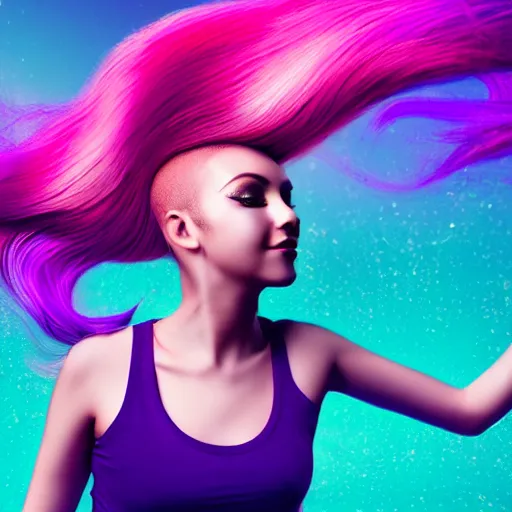 Image similar to a award winning full body shot of a beautiful woman in a croptop with a ombre purple pink teal hairstyle with head in motion and hair flying, outrun, vaporware, vivid colors, highly detailed, fine detail, intricate