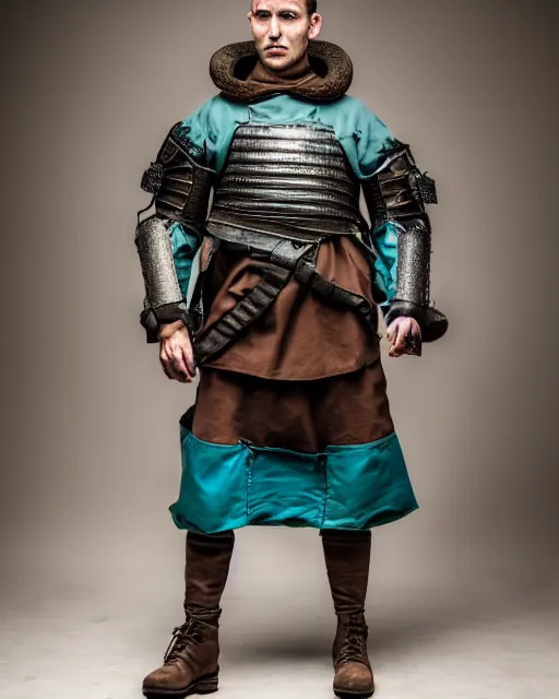 Prompt: an award - winning photo of an ancient male model wearing a plain baggy teal distressed medieval designer menswear dutch police jacket slightly inspired by medieval armour designed by raf simons, 4 k, studio lighting, wide angle lens