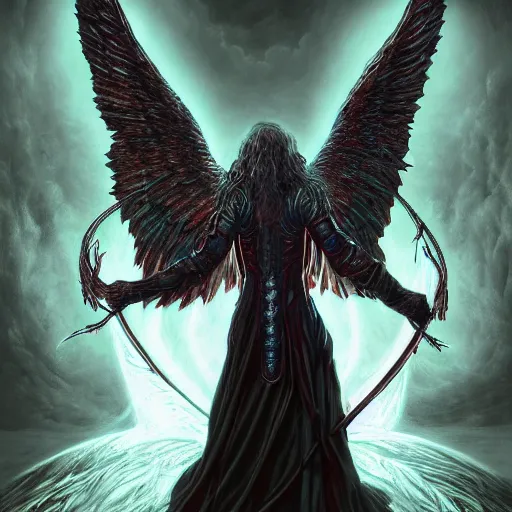 Image similar to photorealistic biblically accurate demonic archangel the style of michael whelan and gustave dore. hyperdetailed photorealism, 1 0 8 megapixels, amazing depth, glowing rich colors, powerful imagery, psychedelic overtones, 3 d finalrender, 3 d shading, cinematic lighting, artstation concept art