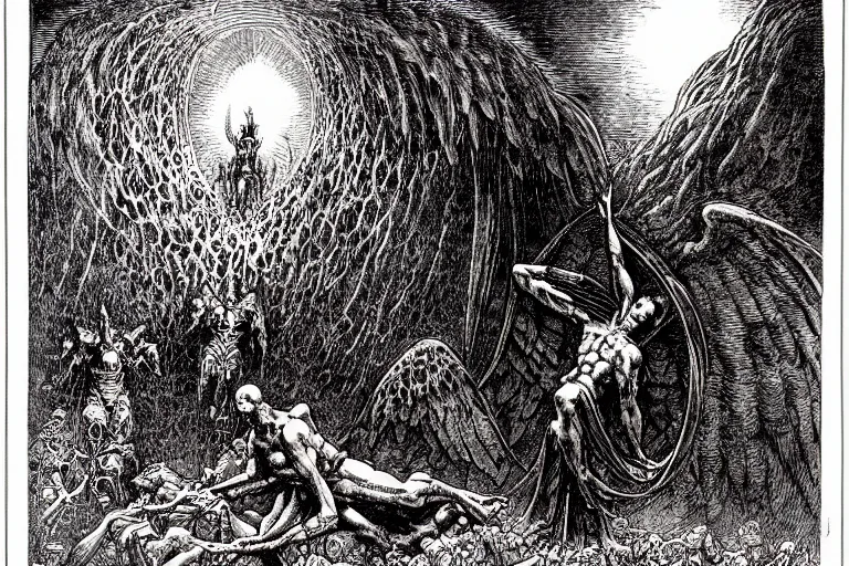 Image similar to fallen angel begs to enter the gates of hell by philippe druillet and gustave dore and les edwards and moebius and hieronymus bosch