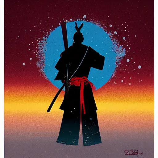 Image similar to a painting of a samurai silhouette in the snow, poster art by otomo katsuhiro and by petros afshar, cgsociety, nuclear art, reimagined by industrial light and magic, official art, poster art