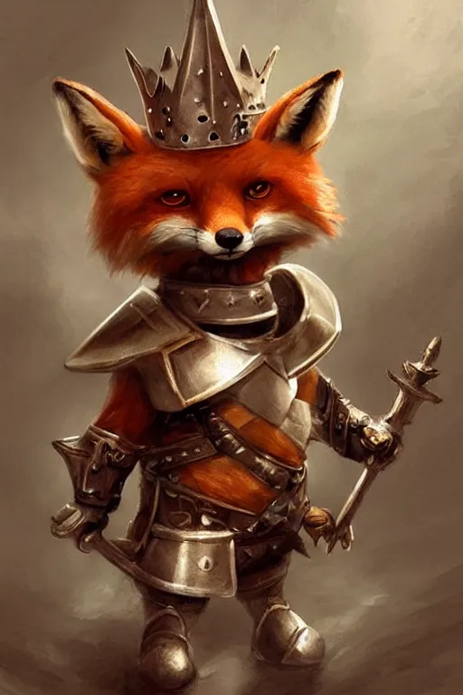 Image similar to cute little anthropomorphic foxy knight wearing a cape and a crown, tiny, small, miniature fox, baby animal, short, pale blue armor, cute and adorable, pretty, beautiful, DnD character art portrait, matte fantasy painting, DeviantArt Artstation, by Jason Felix by Steve Argyle by Tyler Jacobson by Peter Mohrbacher, cinematic lighting