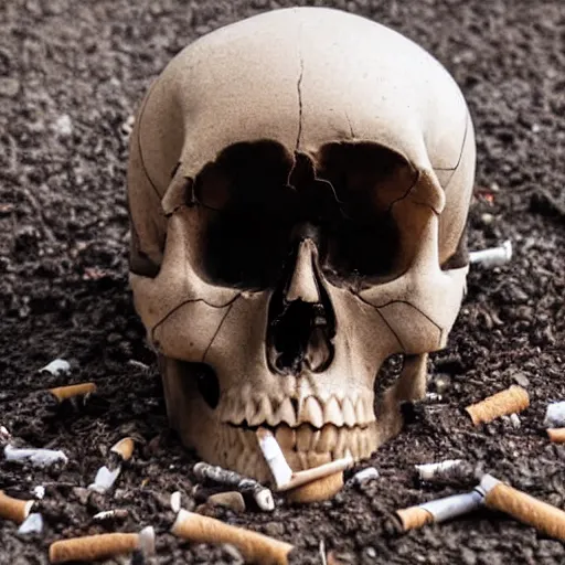 Prompt: close up of half of a human skull used as ashtray for cigarette butts, dark blurry background