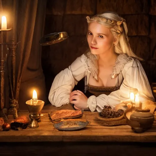 Image similar to young attractive beautiful scandinavian woman wearing 1 8 th century stay in a medieval tavern at night with candles, wow 4 k detail fantasy, matte painting, realistic materials, photo realistic, postprocessing, cinematic, hyperrealistic, studio lighting, ekaterina, the tudors, photography by richard jenkins