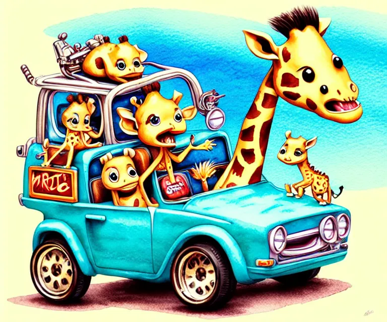 Image similar to cute and funny, baby giraffe riding in a tiny hot rod with oversized engine, ratfink style by ed roth, centered award winning watercolor pen illustration, isometric illustration by chihiro iwasaki, edited by range murata, tiny details by artgerm and watercolor girl, symmetrically isometrically centered