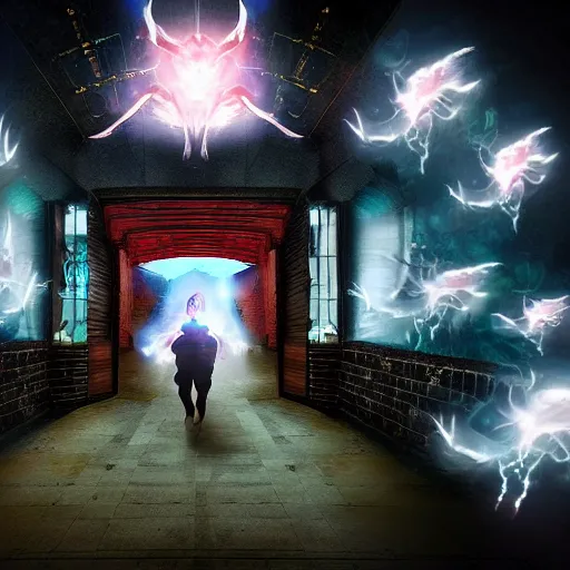 Image similar to ghosts flying through virtual gate of digital dreams, chaotic, demonic, devil, evil, doom