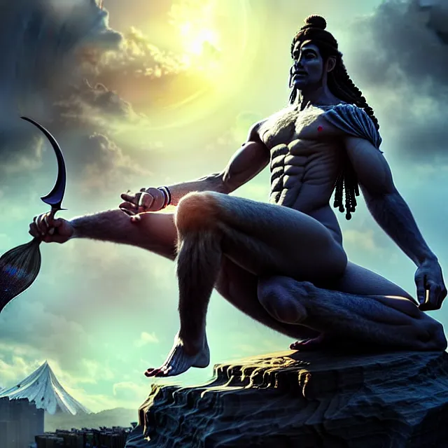 Image similar to epic professional digital art of Shiva the Adiyogi, best on artstation, cgsociety, wlop, Behance, pixiv, astonishing, impressive, outstanding, epic, cinematic, stunning, gorgeous, much detail, much wow, masterpiece.