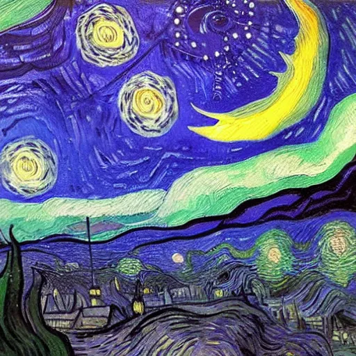 Image similar to Man sees Cthulhu coming from the night sky of a city, oil painting, illustrated by Vincent van Gogh