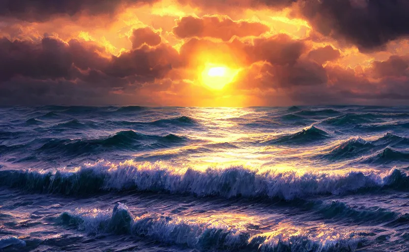 Prompt: Sun coming in the sea after a storm, beautiful landscape, digital painting, realistic, 4k, trending in ArtStation, beautiful and romantic, detailed water