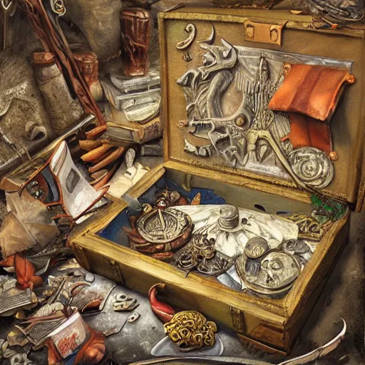 Prompt: a pile of treasure, fantasy art, trending on art station, highly detailed, hyper realism, art,