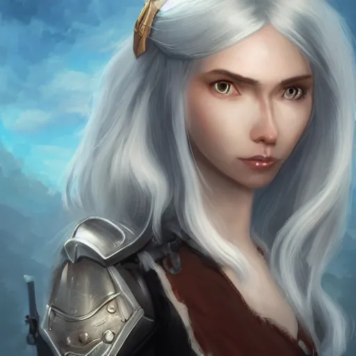 Image similar to fantasy portrait of a female human adventurer with white skin, white hair, white eyes without pupils, slightly - pointed ears, short wavy hair, eyebrow scar, trending on artstation, gentle smile, friendly, glowing, 4 5 angle, warm and welcoming