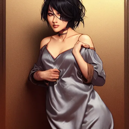 Prompt: cassandra cain in a satin nightgown, d & d, grey and brown color palette, highly detailed, digital painting, artstation, concept art, sharp focus, illustration, cinematic lighting, art by artgerm and greg rutkowski and alphonse mucha