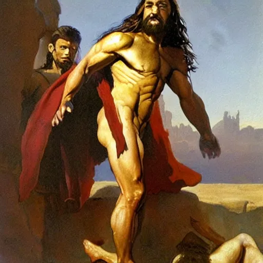 Image similar to jesus christ, a powerful long haired man in a robe. he's standing above a wounded roman soldier, mocking him. oil painting in the style of frank frazetta, boris vallejo, ilya repin. warm colors. detailed and realistic. concept art