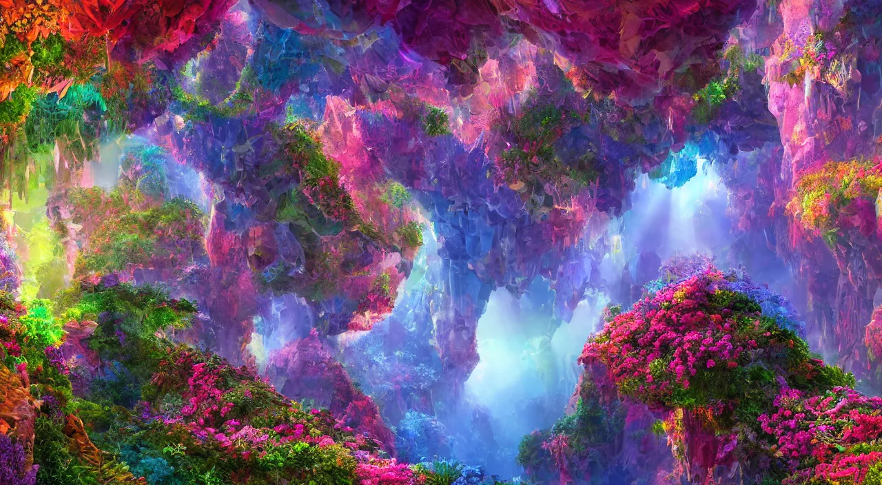 Image similar to biological crystallographic lattice bridging megastructure, in a canyon with flowers and lots of colors, by jack oliva - rendler, by glenn small, by albert bierstadt, photorealistic, zaha hadid, god rays, volumetric lighting, detailed, extremely intricate, raytrace, octane, light fog, neon